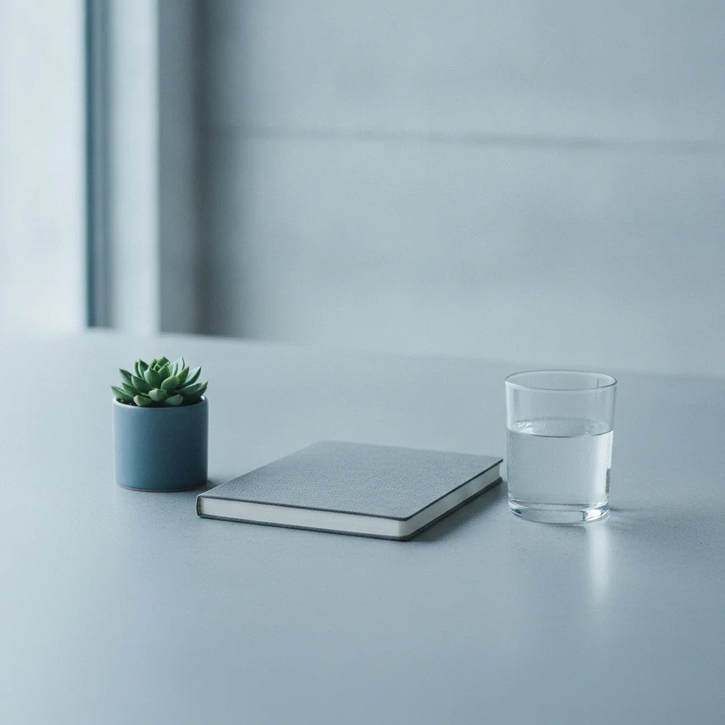 A tidy desk workspace with a notebook, potted plant and glass of water in natural light