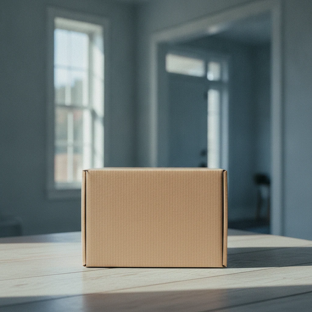 A neat plain kraft parcel box on a table near a bright home entryway