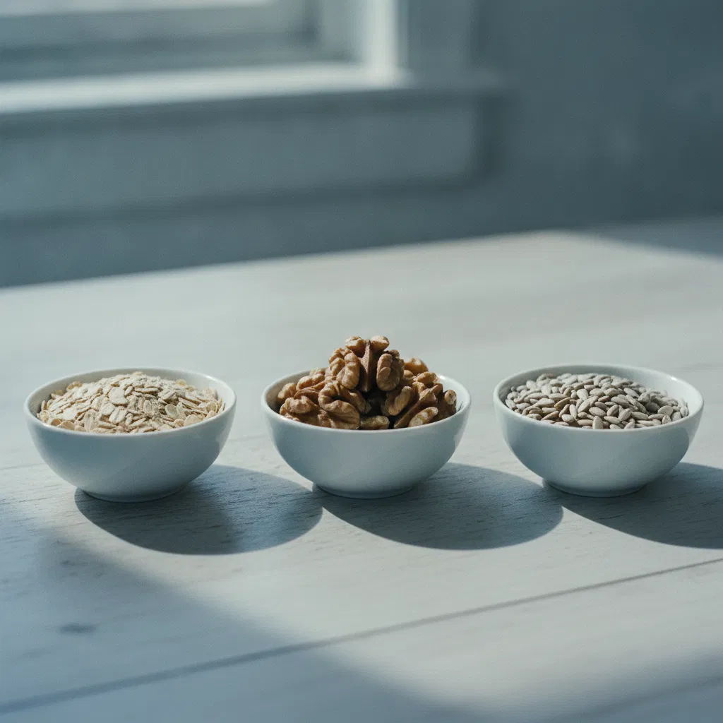 Whole grains, almonds and pumpkin seeds arranged in small ceramic bowls on a wooden kitchen table