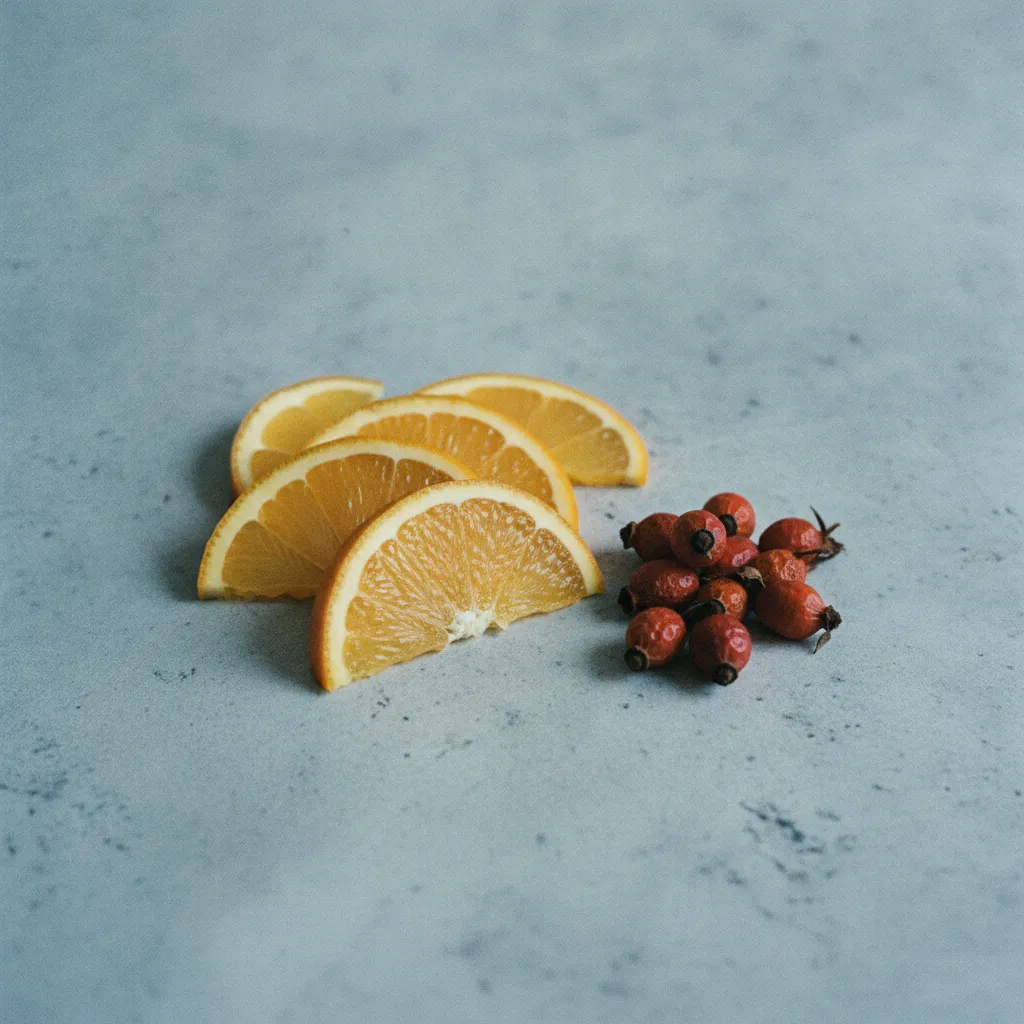 Fresh oranges, rosehips and green leaves arranged on a light stone kitchen surface