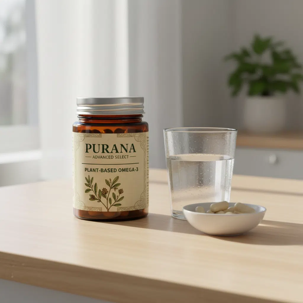Purana Advanced Select amber glass jar with black lid on a wooden surface next to a glass of water
